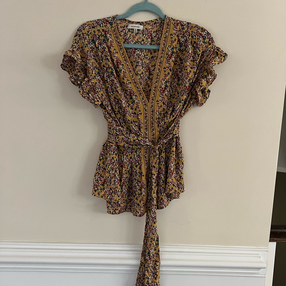 MAX STUDIO Yellow Floral Blouse with Tie Waist